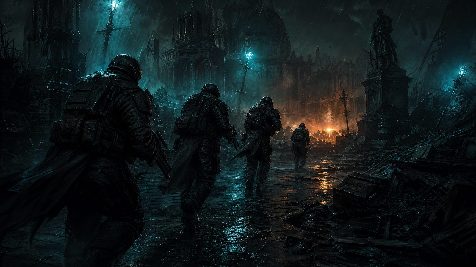 A squad of four armoured soldiers advancing through a rain-soaked ruined plaza at night lit by broken streetlamps