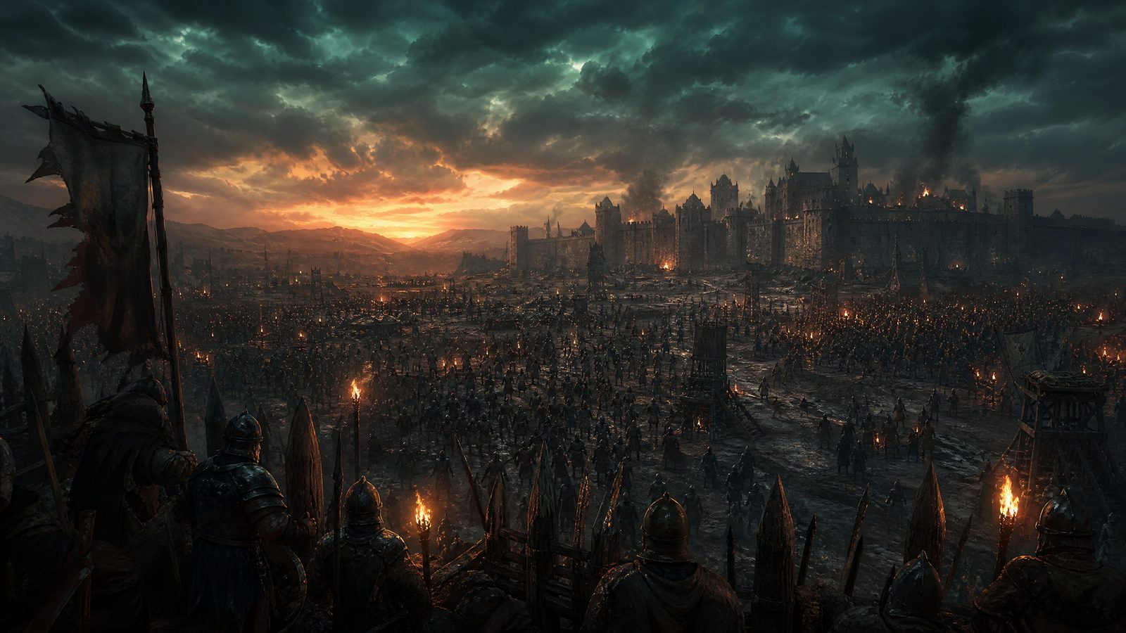 A vast medieval siege at dusk seen from behind wooden palisades with hundreds of tiny figures on a muddy field