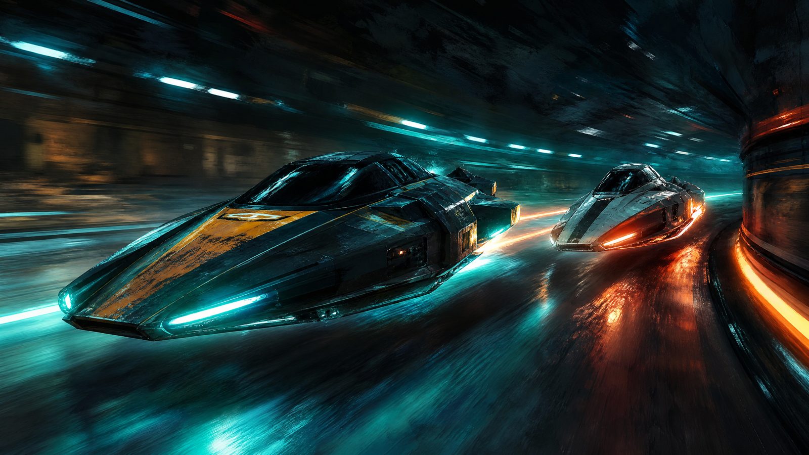 Two sleek hover racers streaking through a neon-lit tunnel with light trails on a wet track