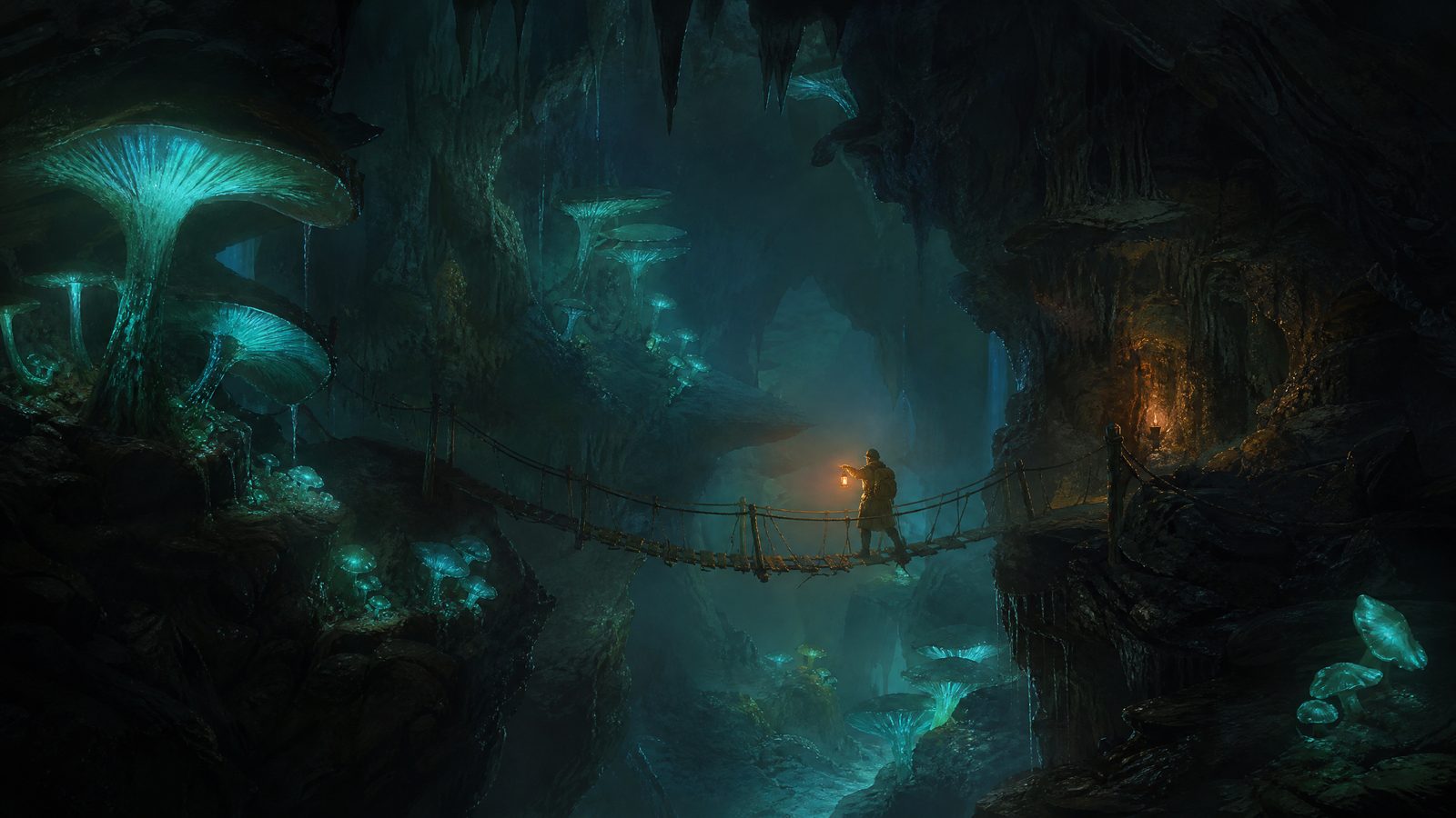 A subterranean cavern of luminous fungal growths with a small human figure crossing a rope bridge, teal spore light and orange lantern glow