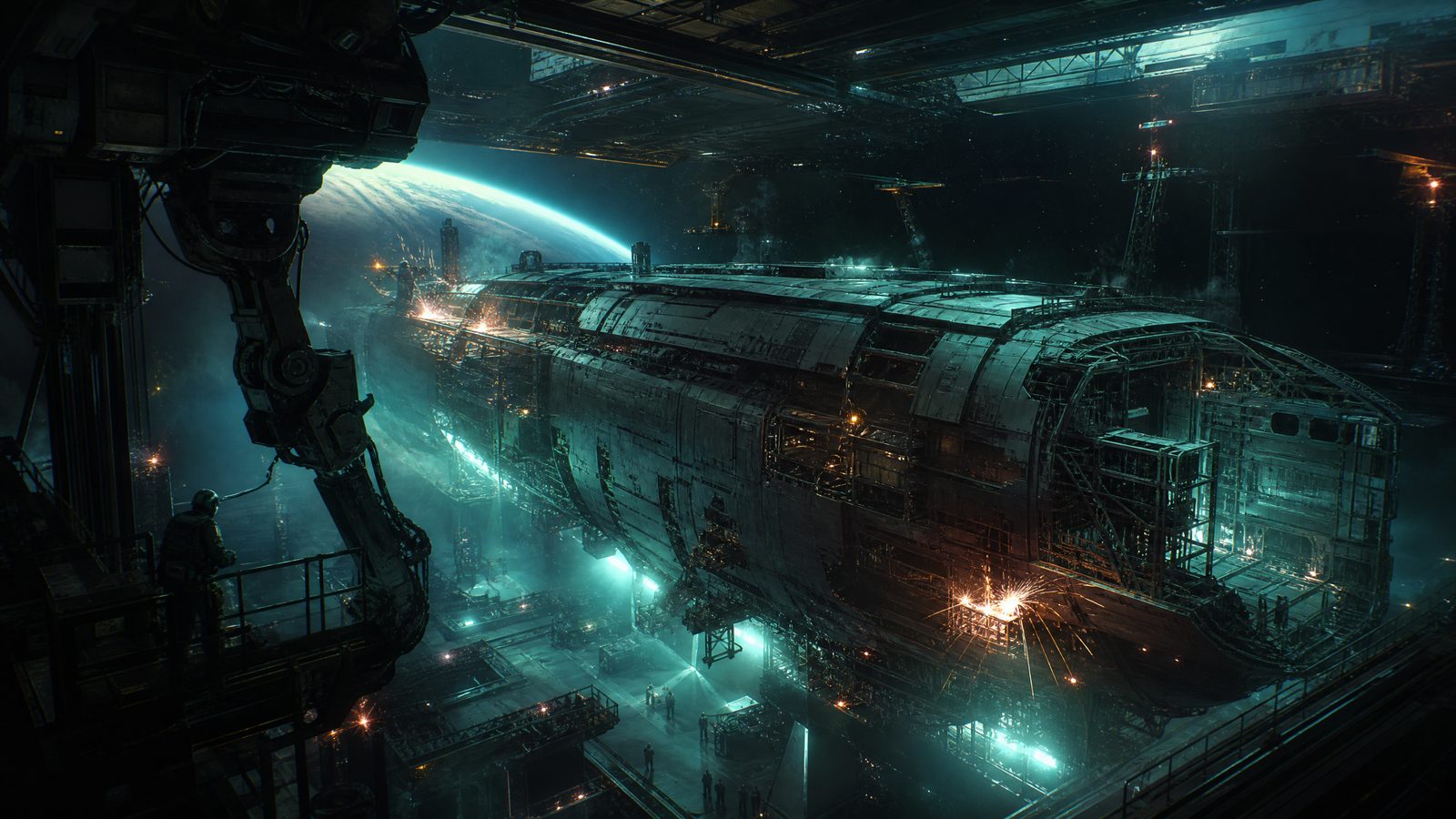 An orbital shipyard seen from a docking arm with a half-built freighter hull under teal floodlight and orange welding sparks, a planet limb in the distance