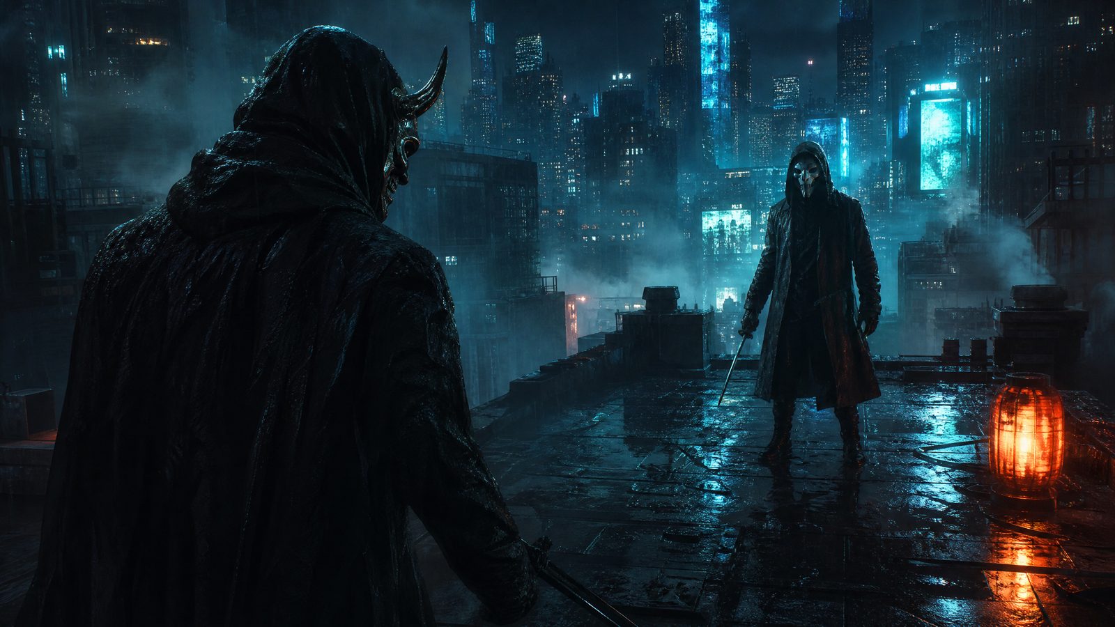 A rain-slicked rooftop stand-off between two masked figures in a dense neon city at night, teal signage glow and one orange lantern