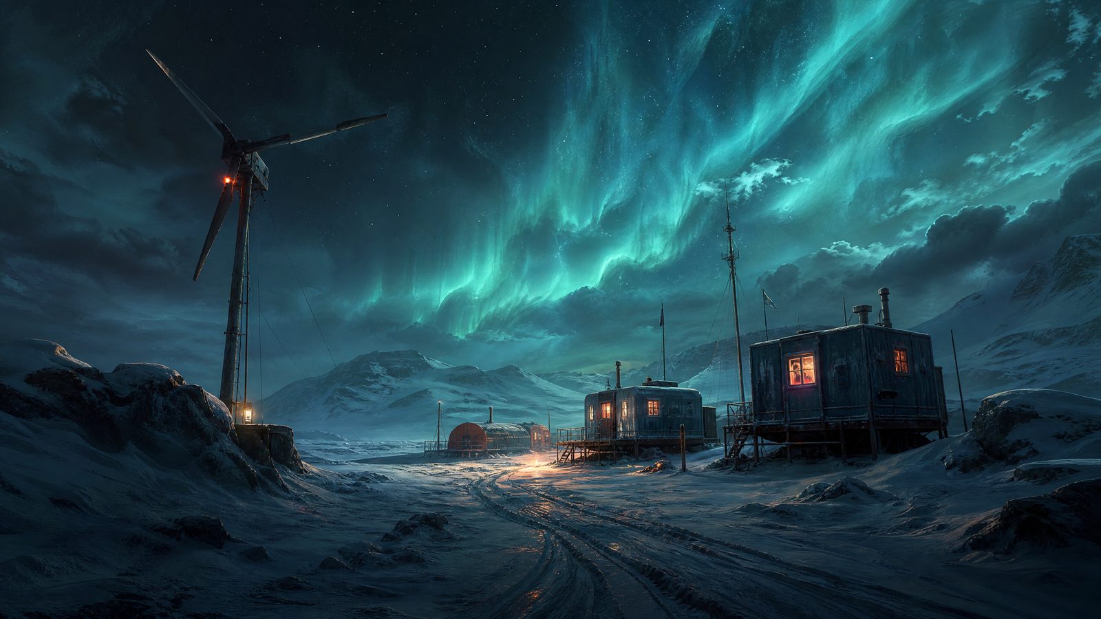 A frozen tundra outpost at night with a wind turbine, prefabricated huts and an aurora overhead