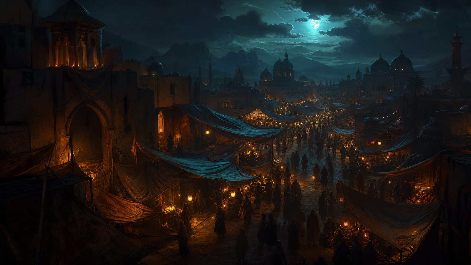 A sprawling desert bazaar at night lit by strings of orange lamps, teal moonlight on canvas awnings and crowds of small figures between stalls